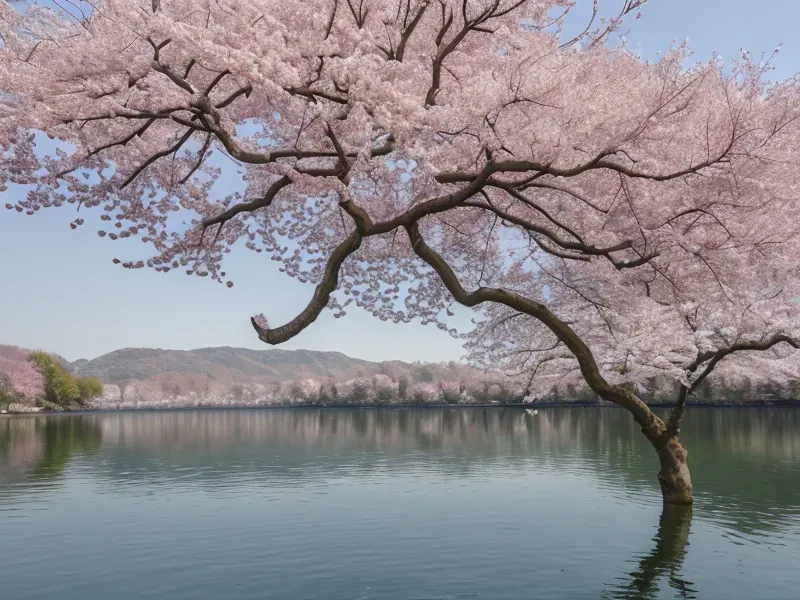 一个大樱桃树在湖上飞舞的花瓣上方。